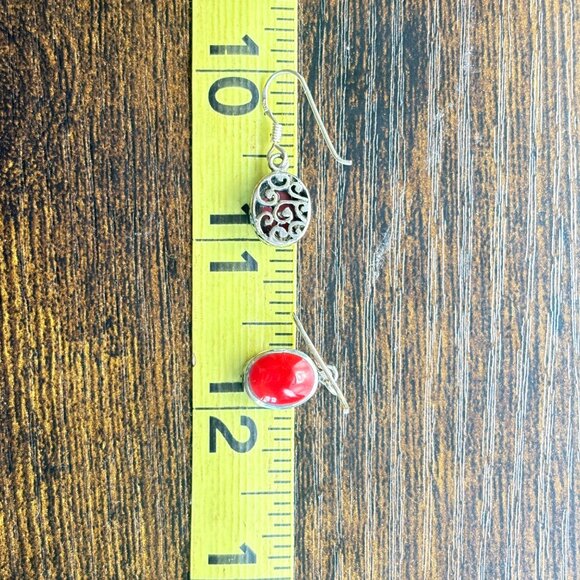 VTG Sterling Silver 925 Red Cabochon Gemstone Dangle Earrings Size 1" Length - Picture 8 of 9